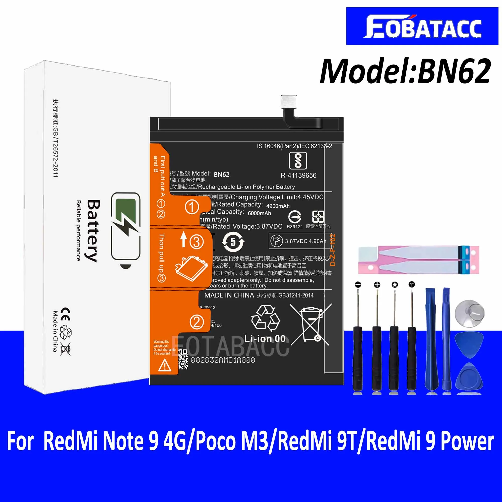 

EOTABACC 100% New Original Battery BN62 For XIAOMI REDMI Note 9 4G/Poco M3/REDMI 9T/REDMI 9 Power Battery +Tools