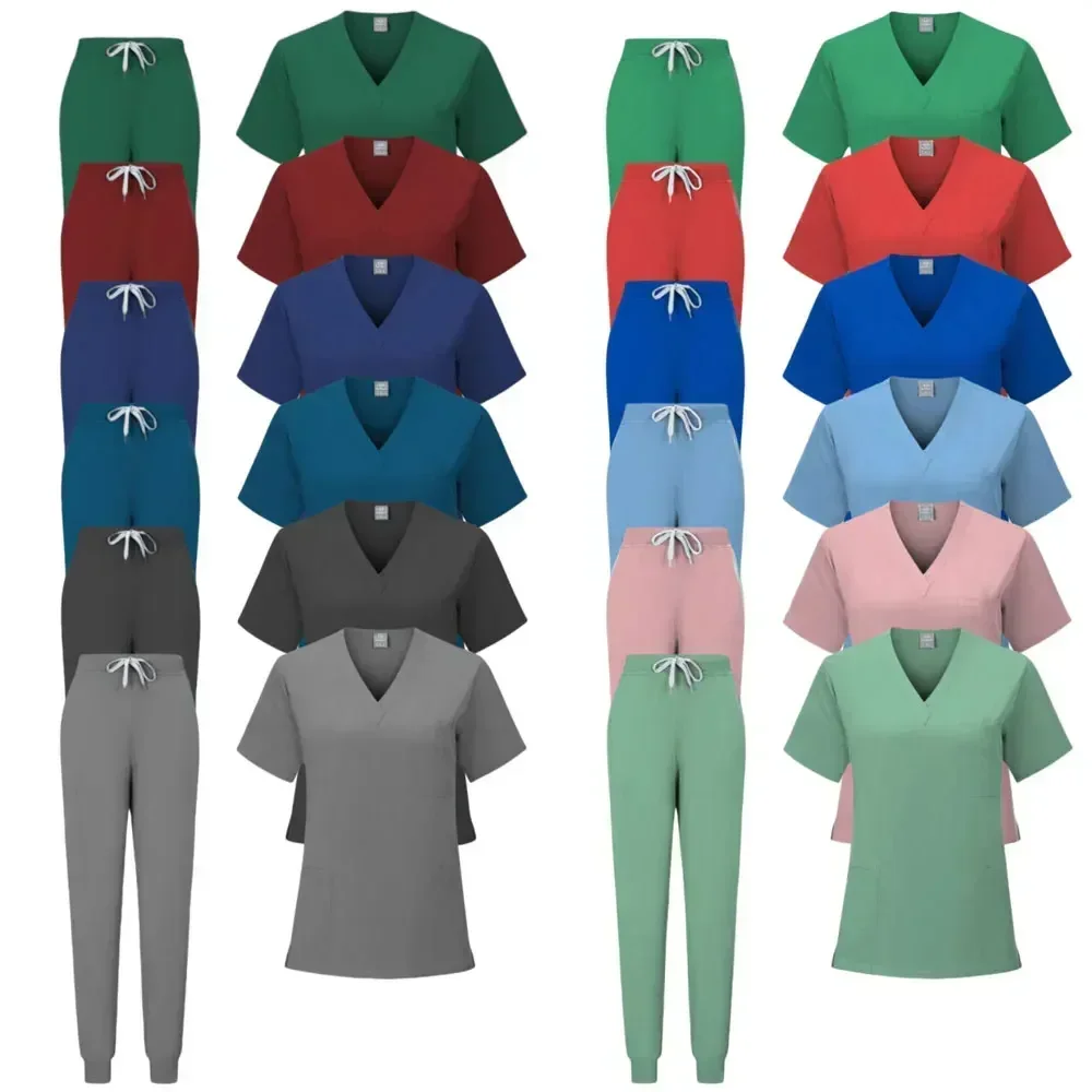 زي الممرضات امرأة قصيرة الأكمام الخامس الرقبة الدعك بنطال رياضي الدعك الطبية مجموعة المرأة الصيف الزي الرسمي Clinicos Mujer