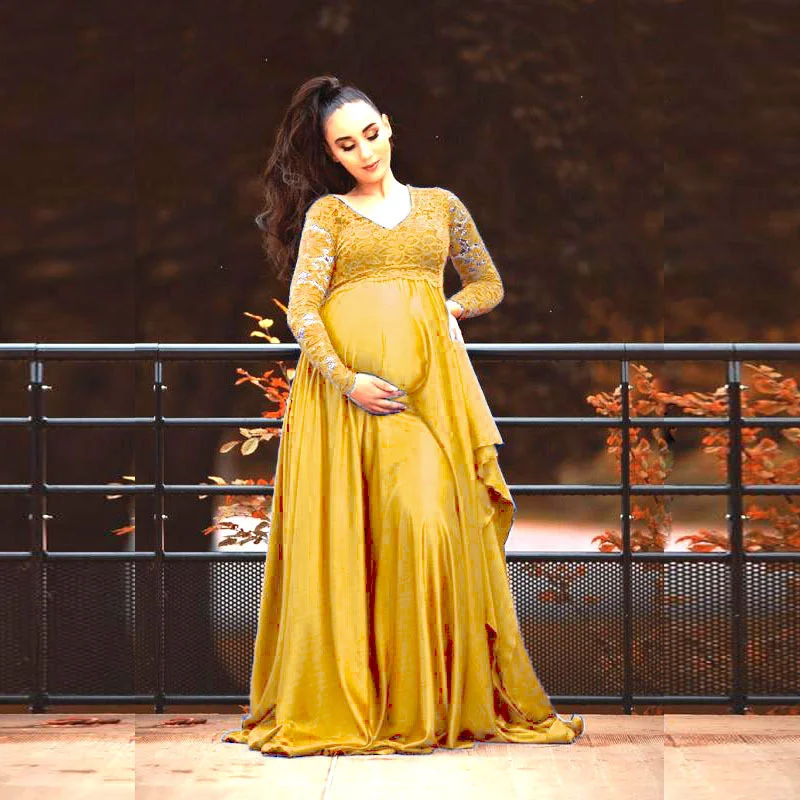Fashion Lace Maternity Clothes Mom Outdoor Party Elegant Comfortable Long Sleeve V-Neck Dresses Woman Trend Versatile Skirt - view 3