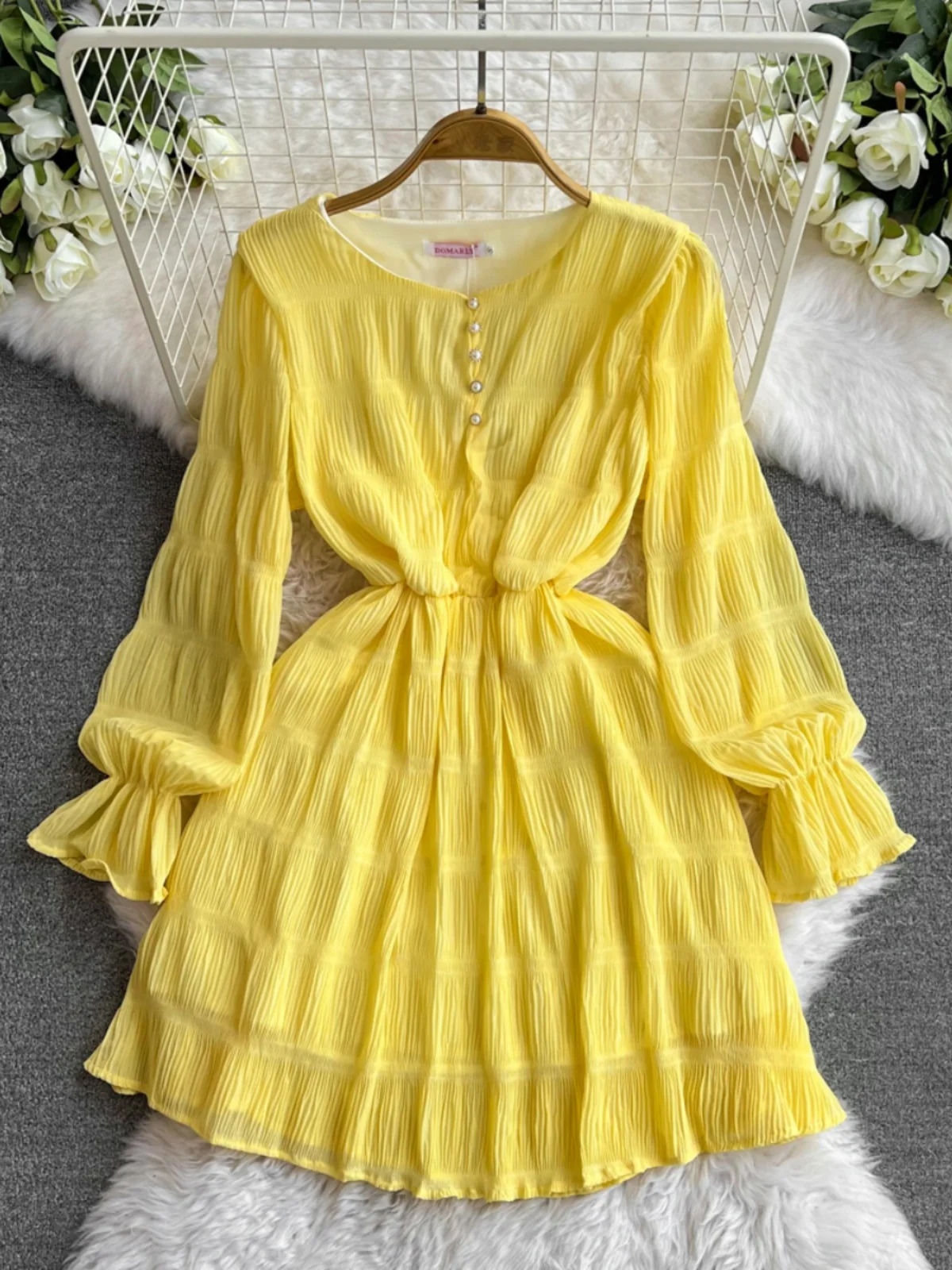 Summer Pleated Flods Short Dress for Women Runway Full Sleeve Thin Chiffon Hem Dresses New In Chic Bohemian Party Holiday 2024