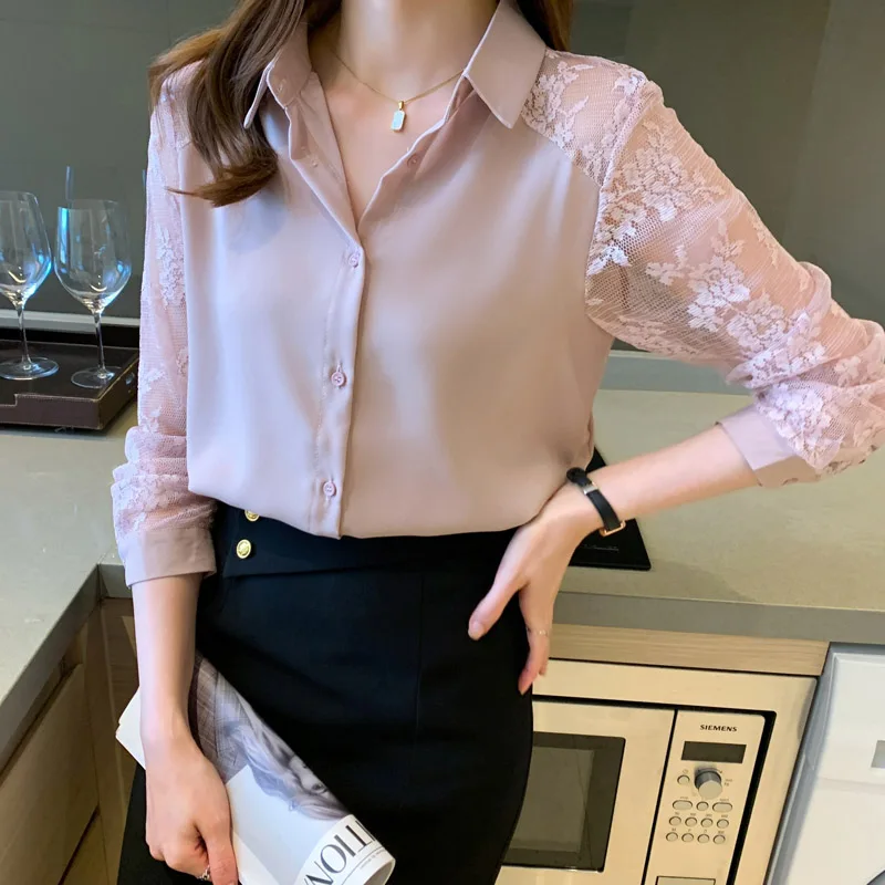 

Women Clothes Lace Spliced Fashion Chiffon Shirts Spring New Solid Retro Sexy Button Cardigan Female Top Loose Blouse