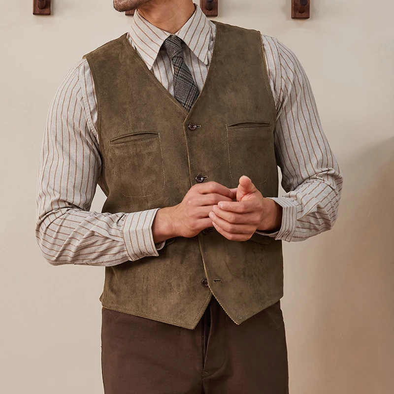 Wedding Vest for Men Coffee Suede Tweed V Neck Single Breasted Retro Tooling Waistcoat 4 Pockets Vintage Steampunk Clothing Vest