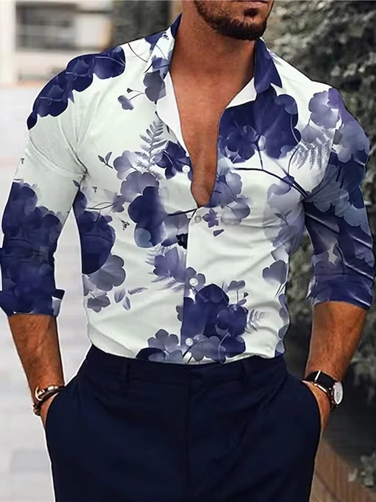 Fashion 3d Floral Shirts For Men Printed Lapel Long Sleeved Shirts Cool Graphs Street Vintage Casual Slim Men Clothes Tops。、
