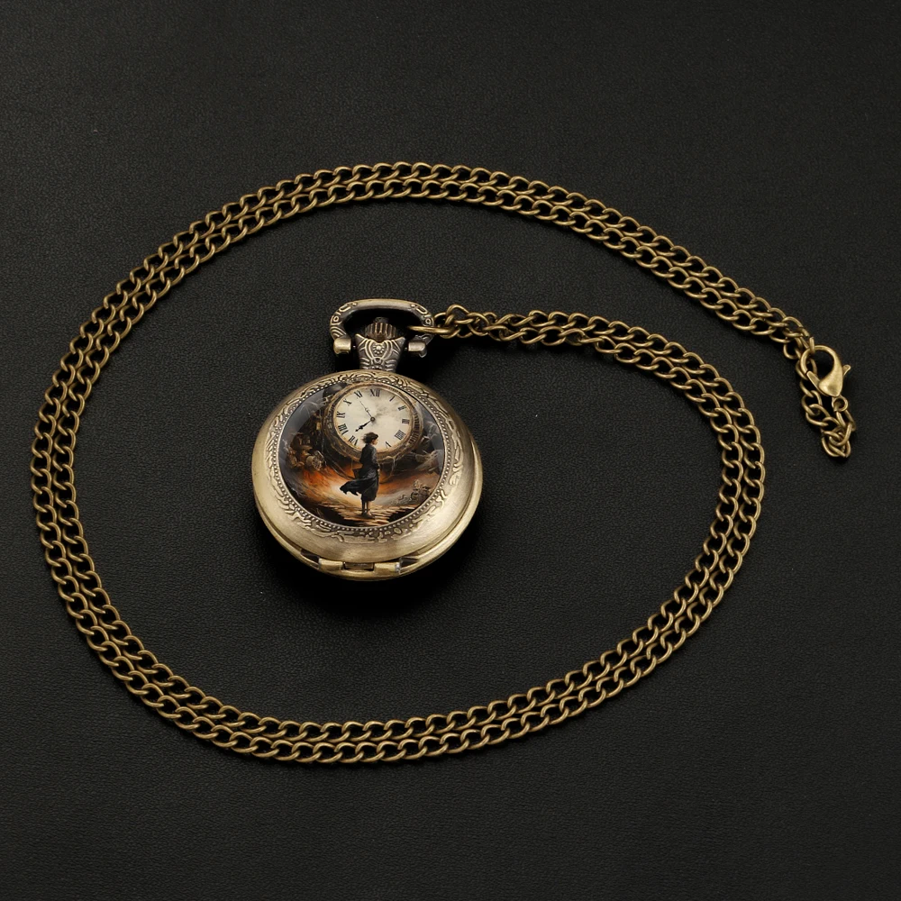 Orologio da tasca al quarzo vintage in bronzo retrò per collana da donna e uomo, accessori regalo per orologio con ciondolo unico