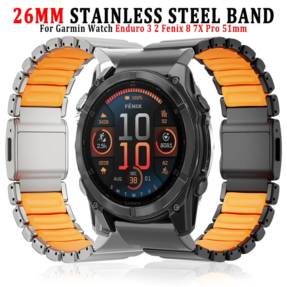 

26mm Stainless Steel Band for Garmin Watch Enduro 3 2 Fenix 8 7X Pro 51mm Fenix 6X Rubber Wrist Bracelet for Garmin Tactix 7 Pro