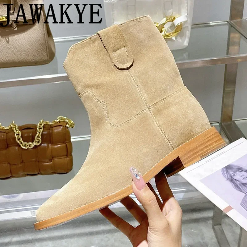 Inner Wedge Heel Ankle Boots For Women Round Toe Casual Comfort Chelsea Boots Genuine Leather Real Suede Leather Shoes Women