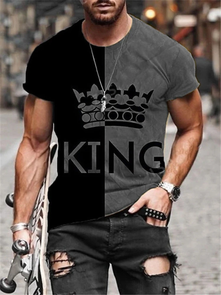 Men T-Shirt King Letter Print O-Neck Short Sleeves Daily Top Casual Clothing Vintage Sportswear Loose Oversized Street Clothes