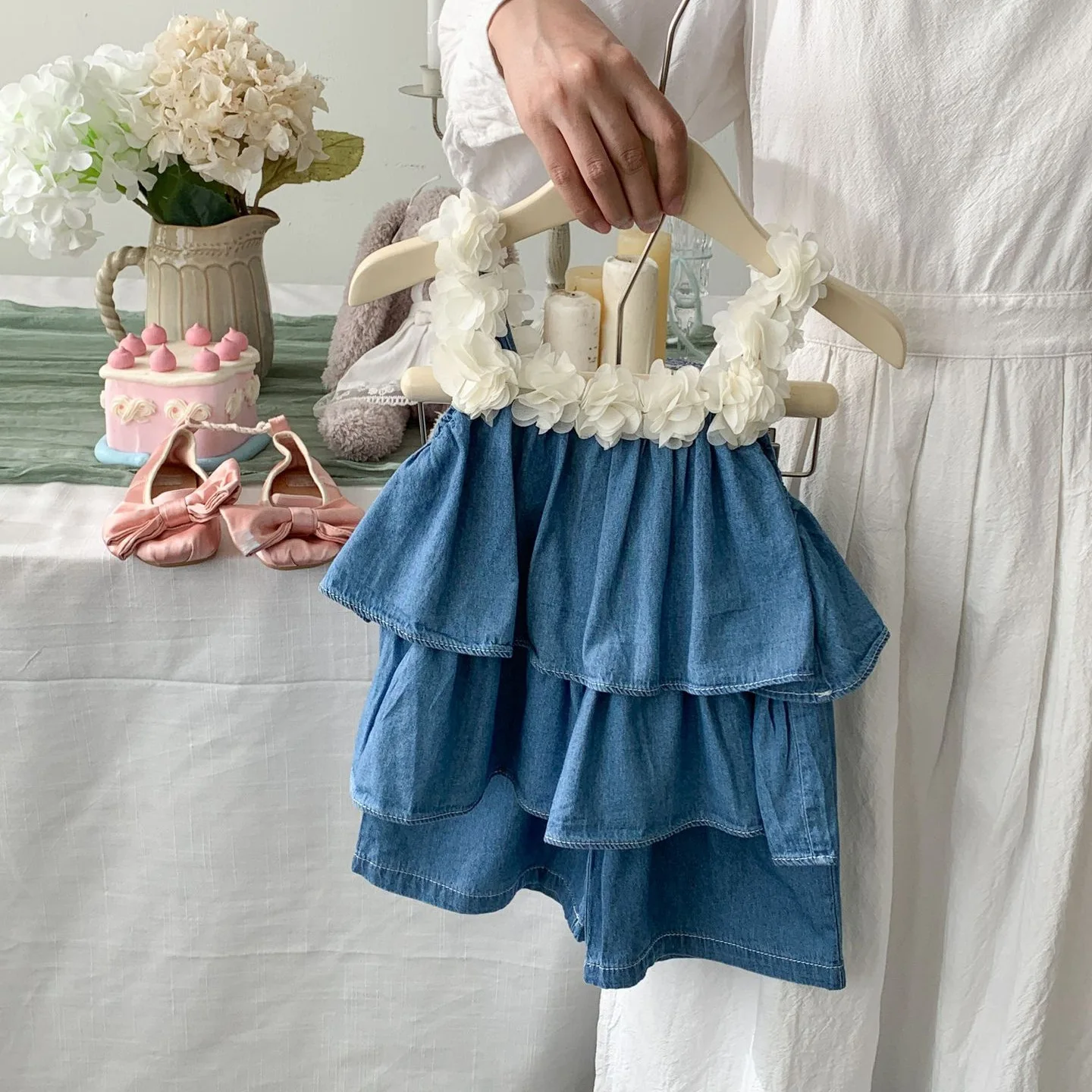 

Girls Suit 2025 Summer New Childrens Clothing Korean Style Girl Baby Lace Jean Halter Shorts Two Sets Casual Simple Daily