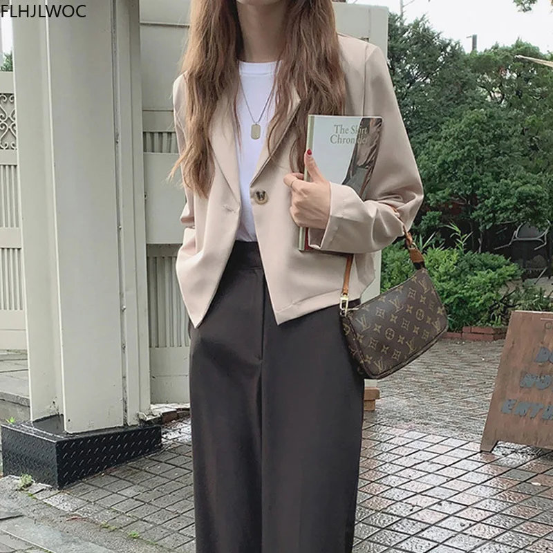 Short Coat Outerwear 2022 Fall Autumn Spring Long Sleeve Chic Korean Fashion Office Lady Women Work Solid Black Crop Blazer