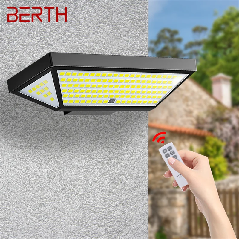 BERTH Outdoor Solar Wall Flood Light Human Body Induction With Remote Control Waterproof IP65 LED For Courtyard Porch Lamp