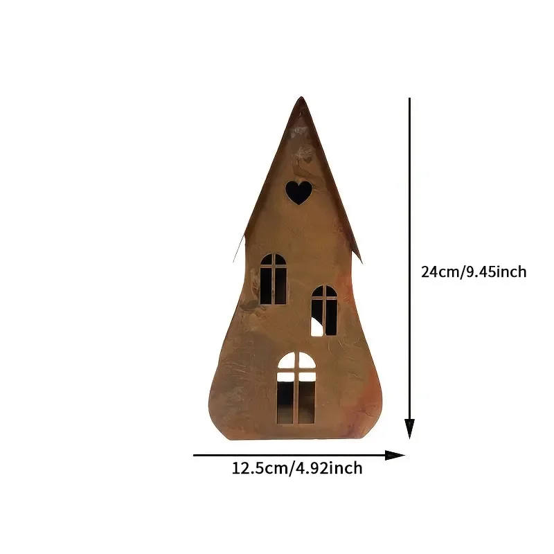 1pc Retro Rusty Metal House Tea G Candle Holder, Weathered Decoration Retro House Shape Outdoor Decoration, Decorative Garden