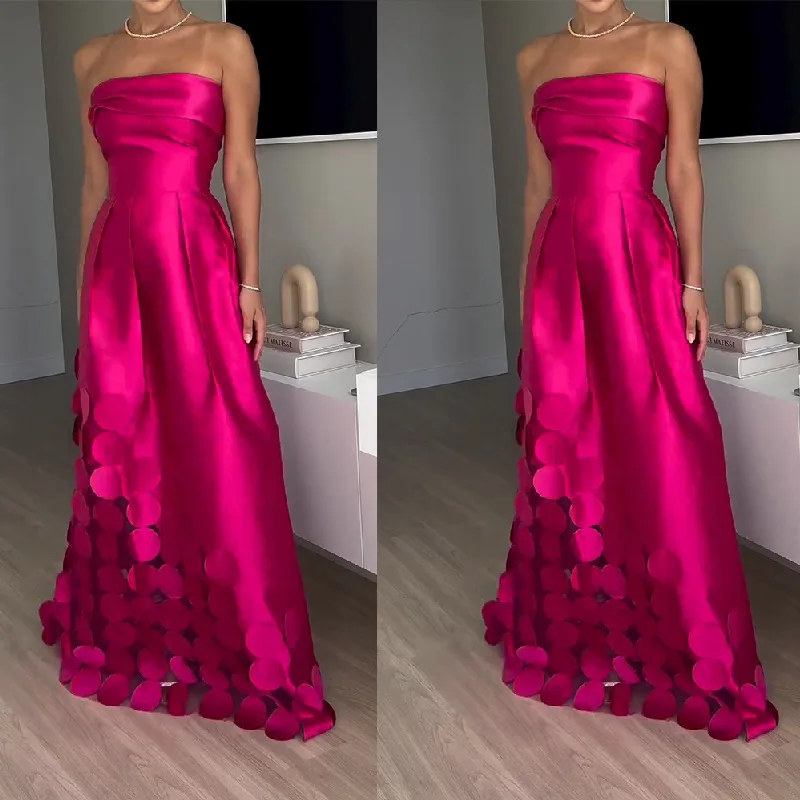 Satin Strapless Hollow Out Sexy Dress Women Chic Sleeveless Ruched Zip-up Maxi Dress Female Birthday Club Party Dress Gown Robe