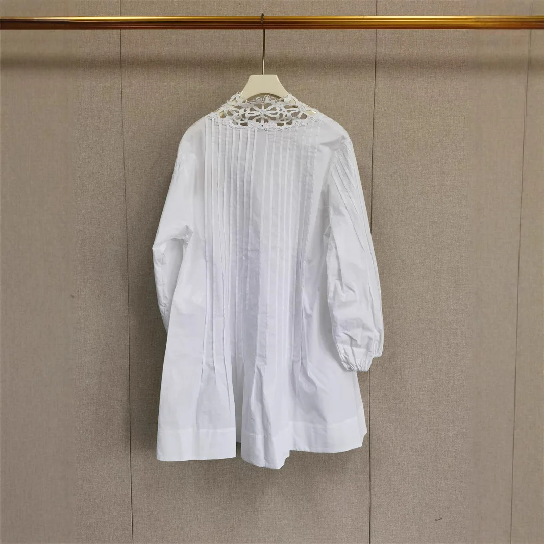 Women's White Hollow Shirt Dress Loose Elegant Ladies Mini Dress