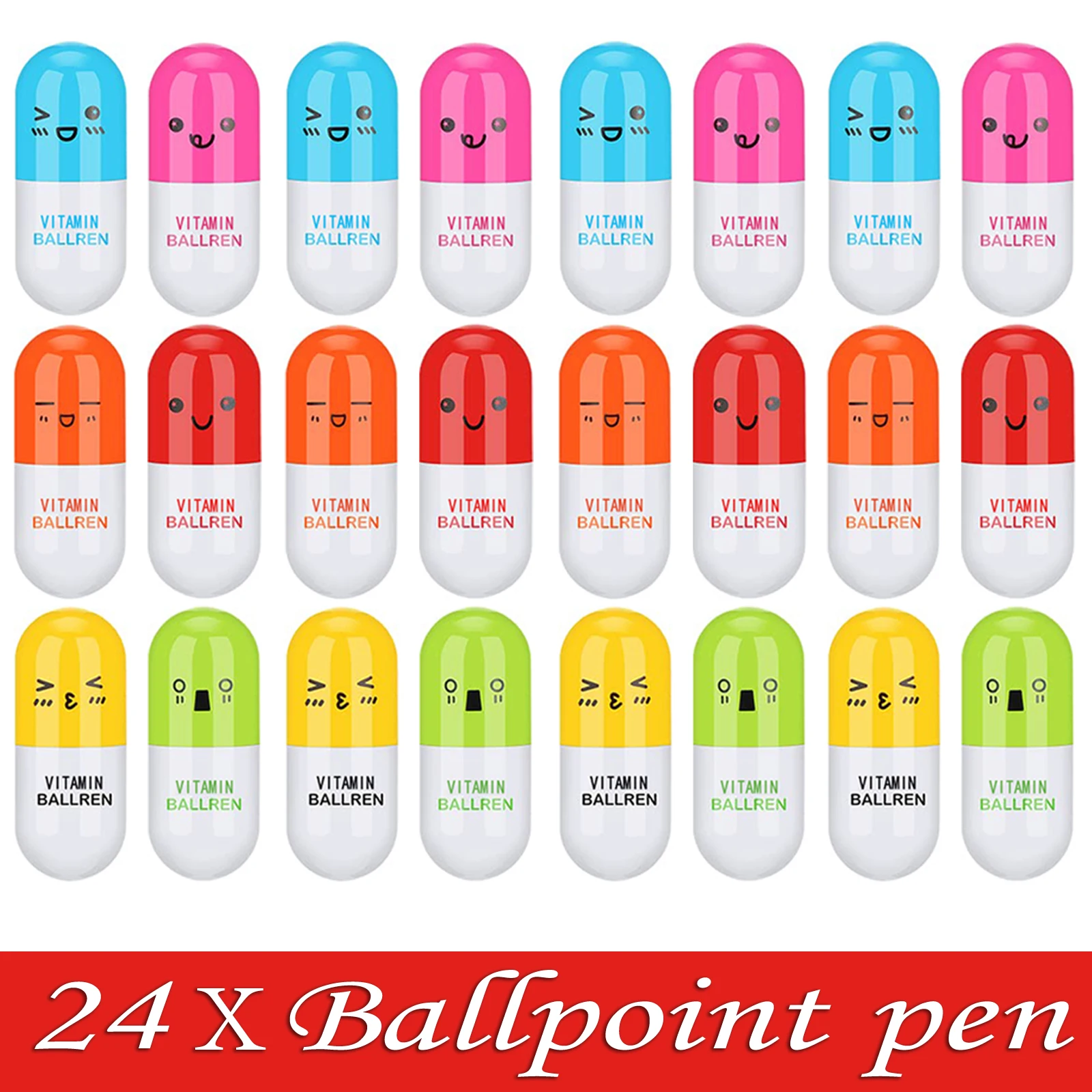 

24Pcs Creative Smile Pill Stretch Ballpoint Pen School Supply Pen Kids Stationery Office Cartoon Retractable Pill Pen Gift