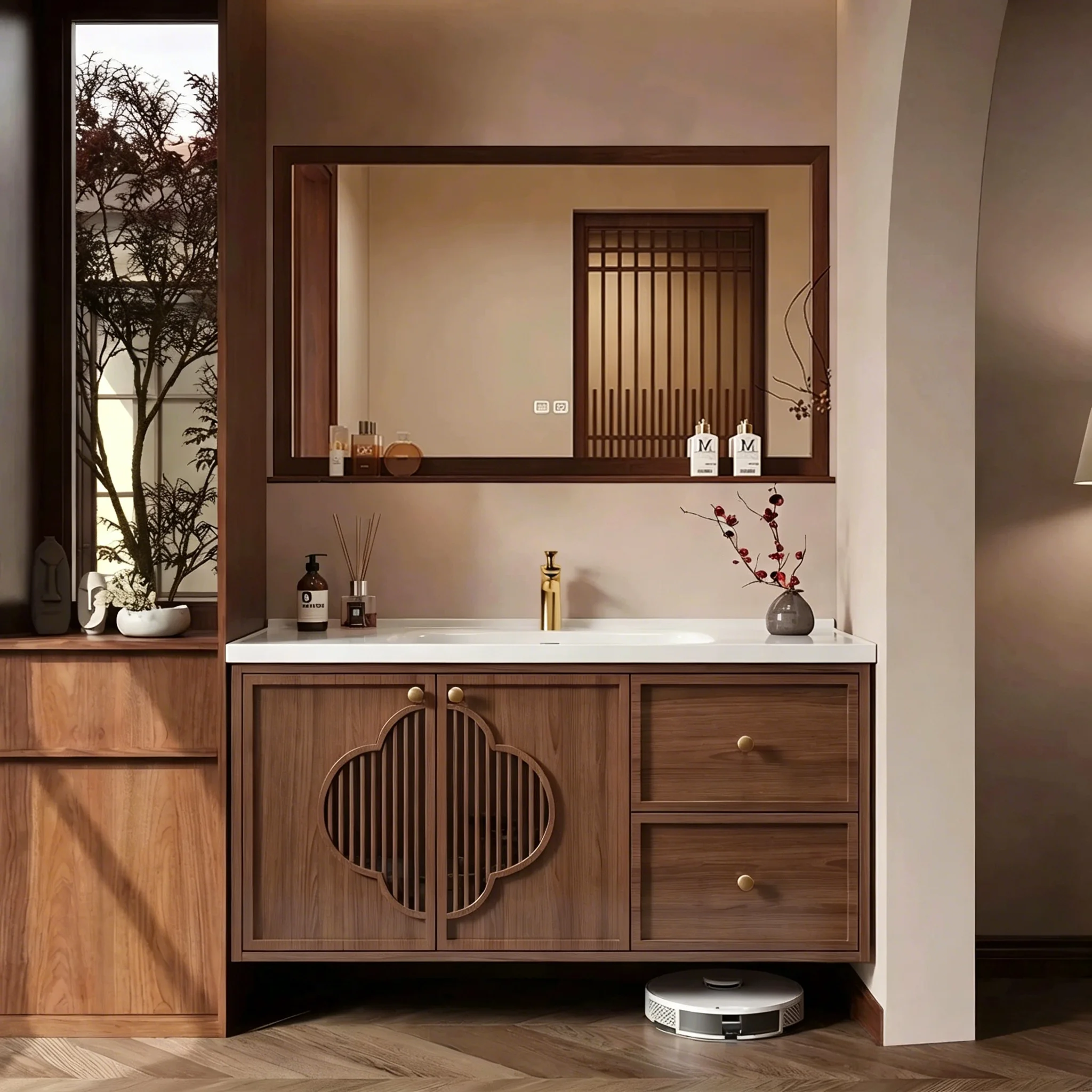 

New Style Modern Bathroom Vanity Set Lacquer Wood Door Panel LED Mirror Wall-Mounted Ceramic Basin Sink