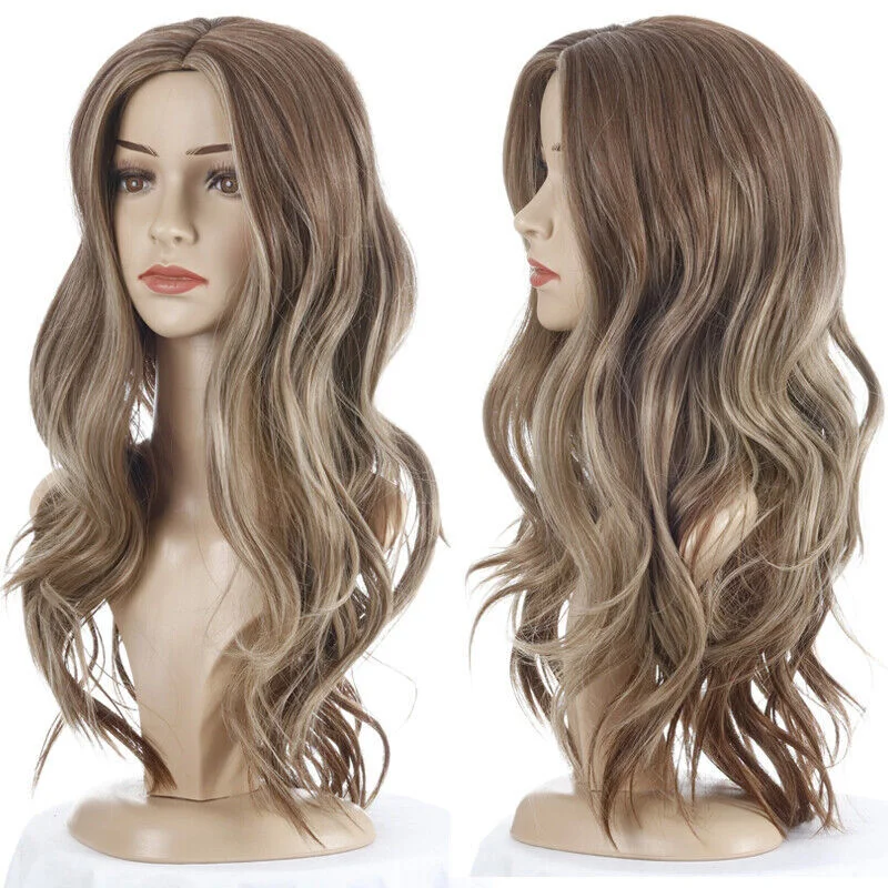 Womens Long Curly Hair Wigs Party Cosplay Ladies Mixed Color Nature Full Wig X