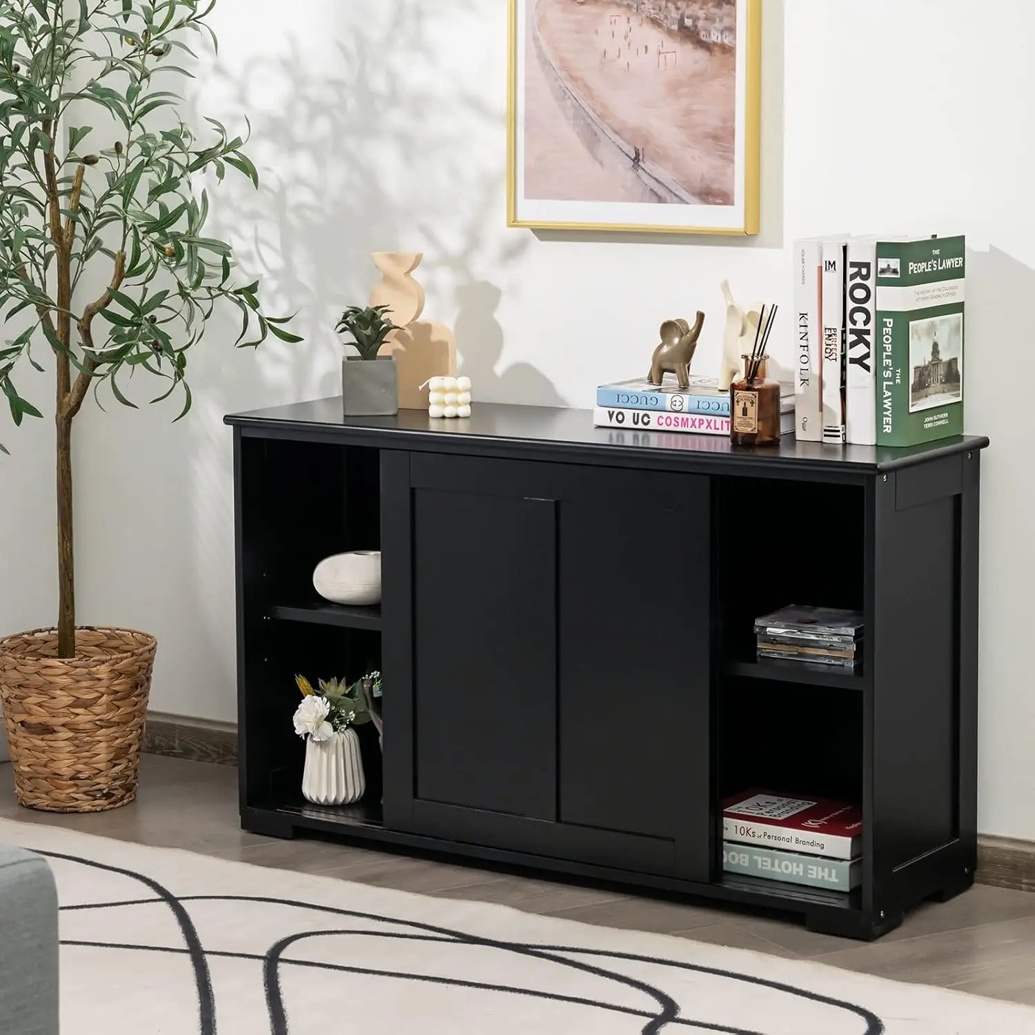 Sideboard Buffet Cabinet, Wooden Kitchen Storage Cabinet with Adjustable Shelf, Sliding Barn Door, Accent Coffee, Customized