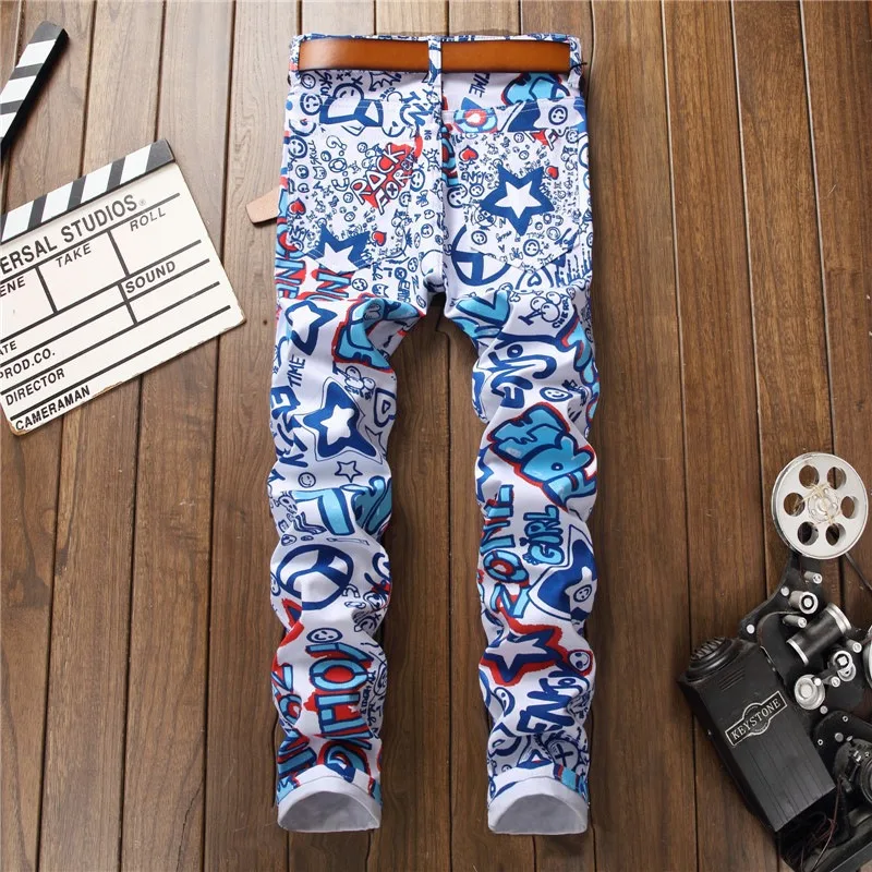 Men's Skinny Jeans New European and American Style Digital Printing Men's Jeans Fashion Elastic Feet Jeans