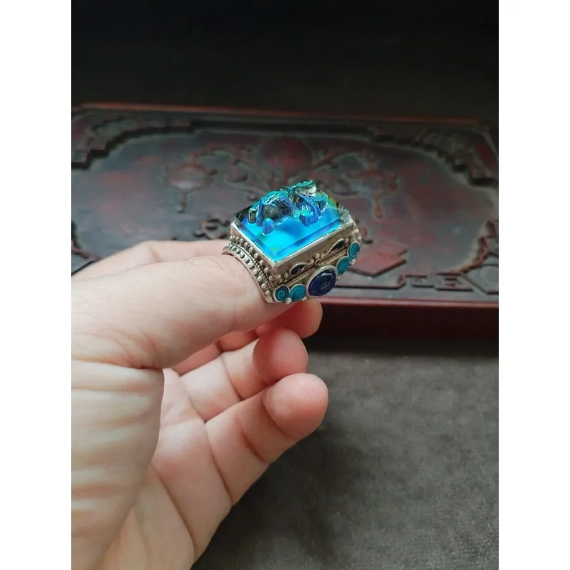 Antique, Elegant, Aged Patina, Old Silver Inlaid With Color-Changing Stone, Goldfish , Adjustable Ring