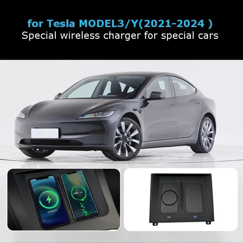 Para Tesla MODEL 3/Y 2021-2024: Carregador de carro sem fios, placa de carregamento rápido, suporte antiderrapante para telemóvel, acessórios de inter