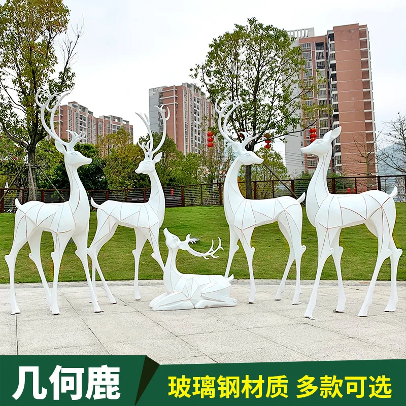 Outdoor Fiberglass Geometric Sika Deer Sculpture Garden Landscape Simulation Animal Elk Decoration