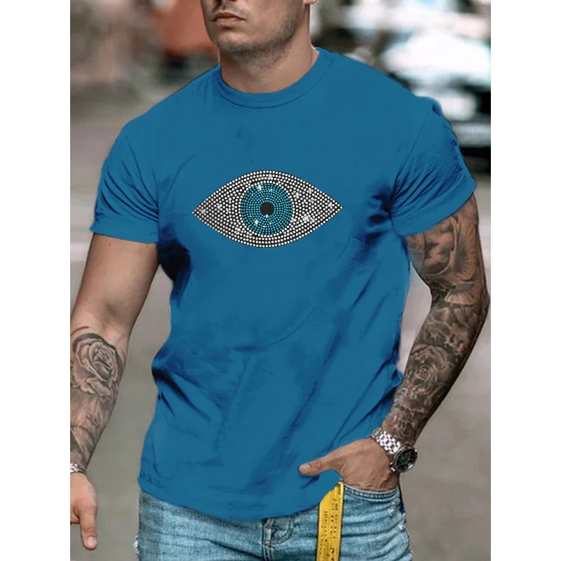 High Quality Fashion Men's Clothing Oversized Tee y2k Eye Rhinestone Designer Short Sleeve Tops Hip Hop Casual Street T-Shirt