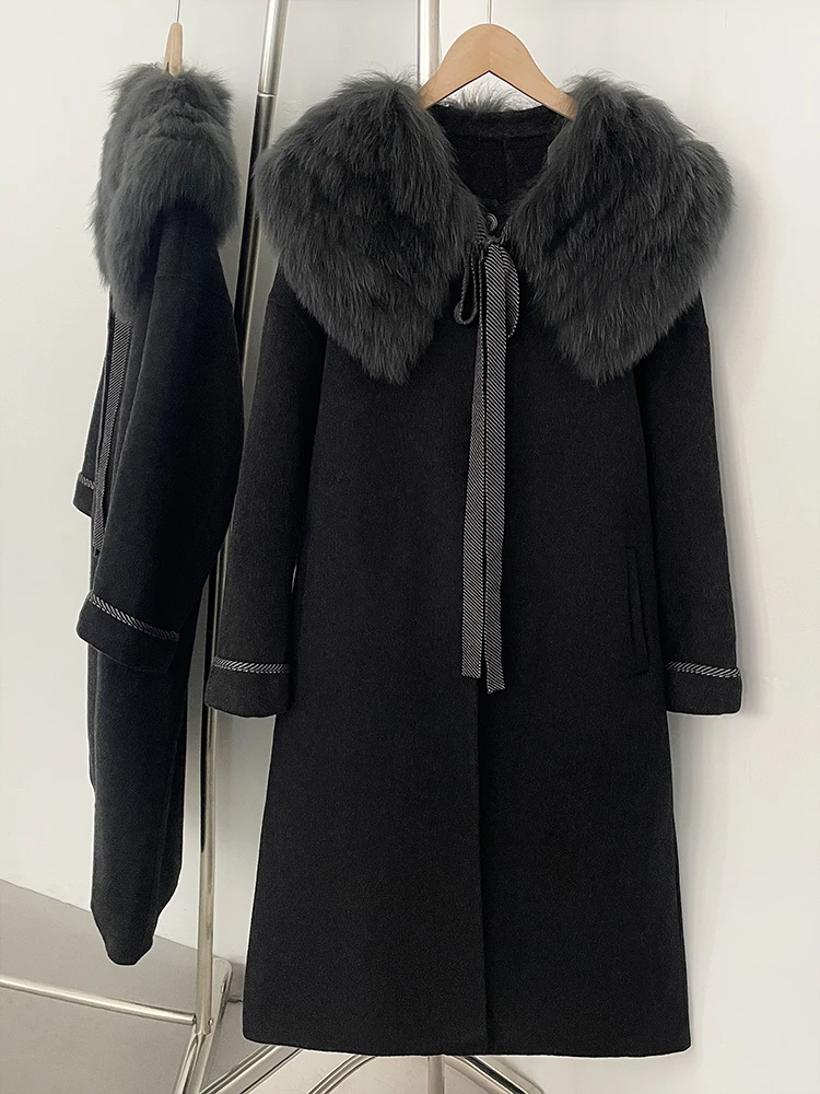 

New Women Long Real Fox Fur Wool Coat Female Natural Fur Collar Woolen Jacket Preppy Outerwear Lady Autumn Winter Clothes