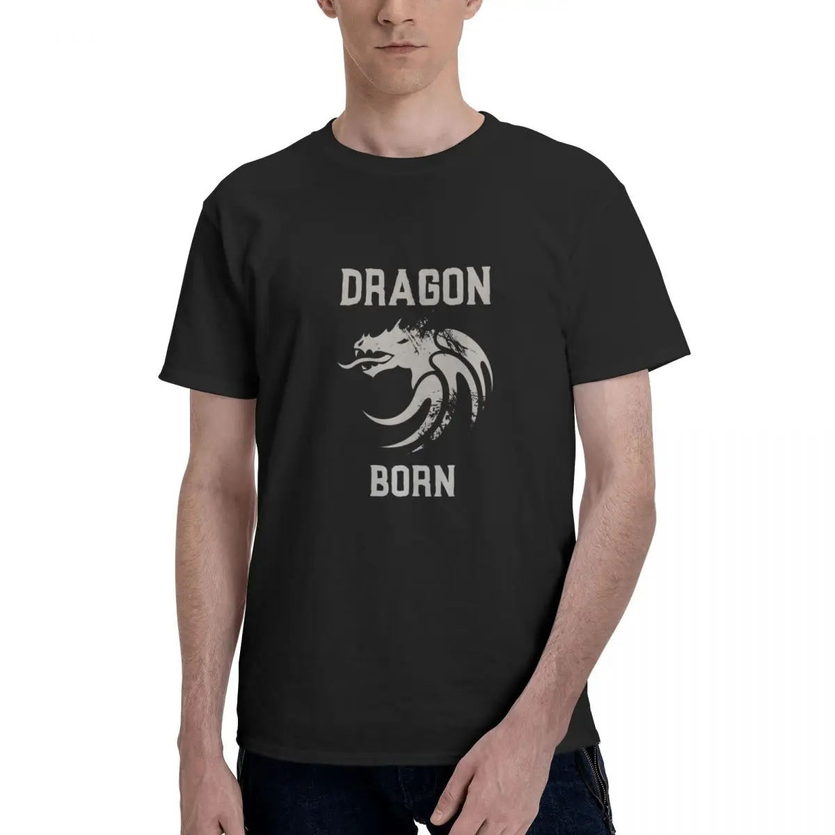 Vintage Men's T-shirt Dragon Born S Black Round Neck Pure Cotton Dungeons and Dragons short sleeve Man Tee Shirt