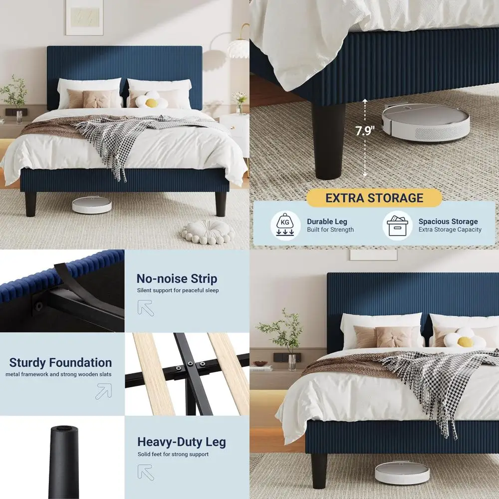 Veal Channel Tufted Queen Bed with Corduroy Fabric, Wooden Slat Support, Easy Assembly, No Box Spring, Navy Blue