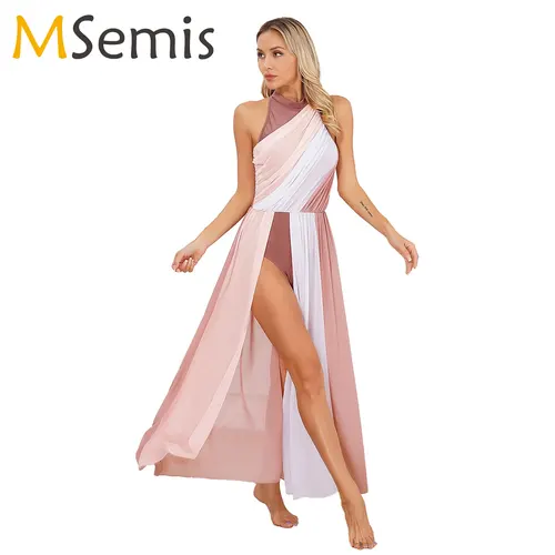 Vestido de baile lírico moderno para mujer, leotardo de gimnasia y Ballet, vestido transparente dividido sin mangas, Ropa de baile puesta en escena contemporánea