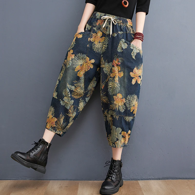 Women Summer Fashion Loose Vintage Printing High Waist Appear Thin Cropped Pants Women Clothes Casual All-match Trend Jeans