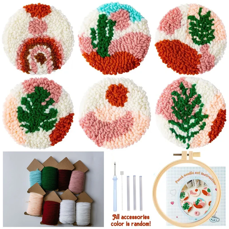 

New Punch Needle Embroidery Kit DIY Stitching Coasters Needlecraft Boho Pattern Tufted Rug Pads With Felt Yarns For Beginners