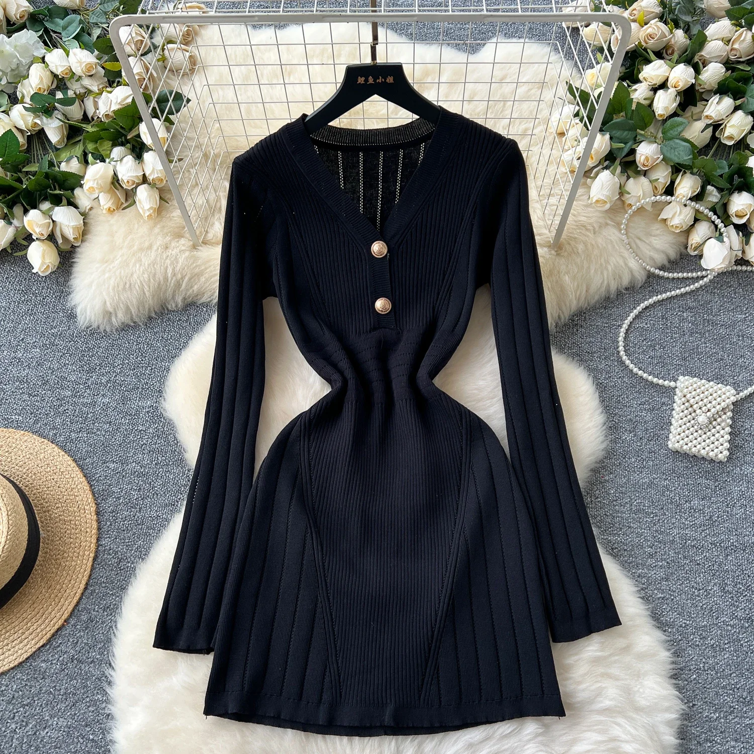 2024 Women Knit Slim Sexy Bodycon Dress V-Neck Long Sleeve Dress Solid Casual Midi Sweater Dress For Women  Autumn Winter