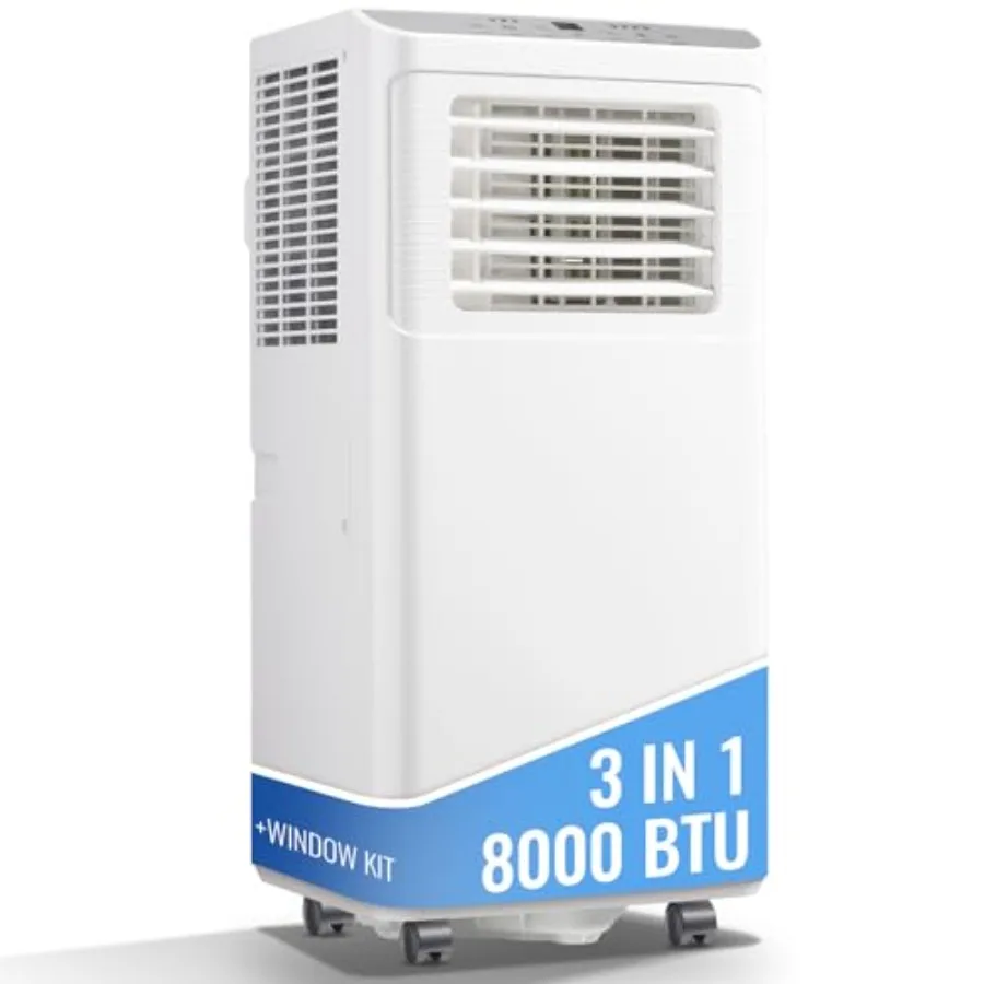 Portable air conditioner for small rooms up to 250 sq. ft, white ABS plastic housing, 3-in-1 cooling/dehumidifying/fan modes, r