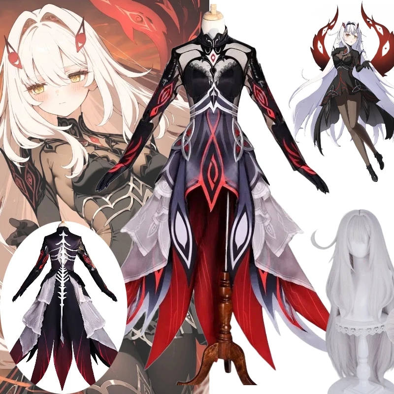 زي Ronova Game Genshin Impact Cosplay فستان أسود طويل شعر مستعار أبيض مجموعة كاملة من أزياء لعب الأدوار للنساء لحفلات الهالوين