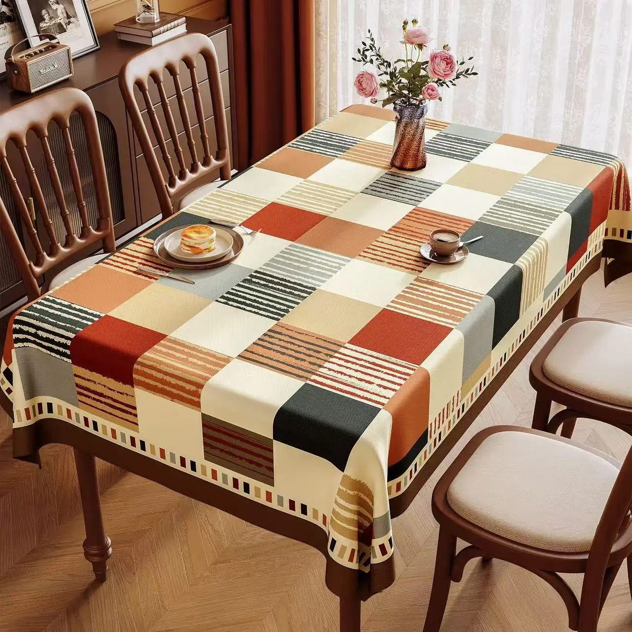 Luxury Geometric PVC Tablecloth Waterproof Oilproof 3-Layer Rectangle Dining Table Cover Easy Clean Modern Elegant Home Decor