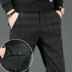 Men's Clothing Korean Fashion Vintage Plaid Business Casual Suit Pants Autumn Formal Slim Straight Trousers Pantalones Hombre