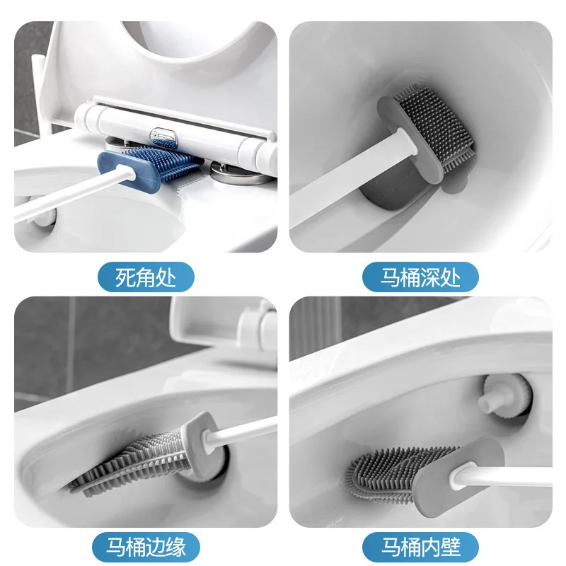 Silicone Toilet Brush Cleaning Brush Flat Head Flexible Wall Mounted Toilet Bowl Cleaner Brush Holder Set for Bathroom Dead Ends