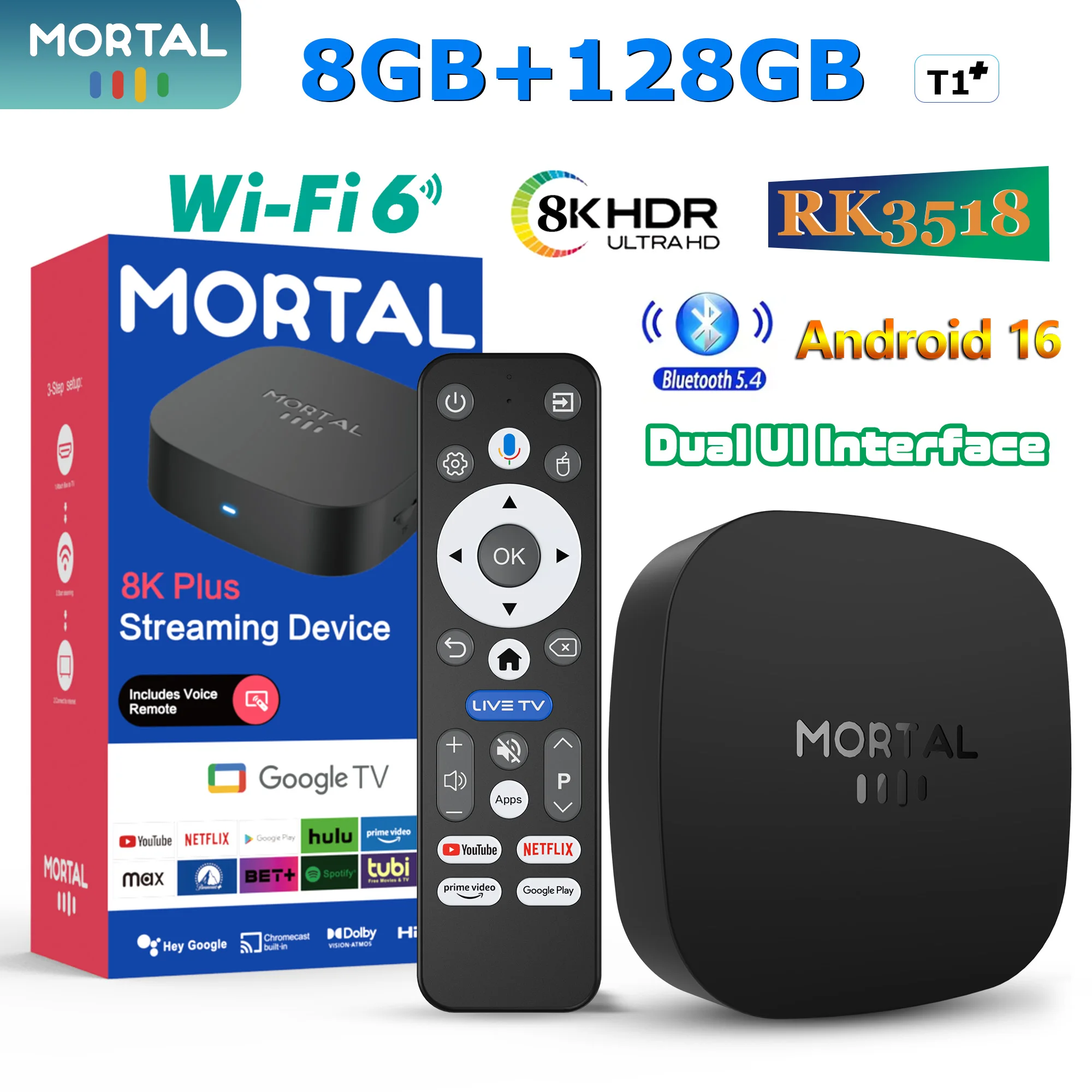 صندوق تلفاز Mortal Android 16 بسعة 8 جيجابايت و128 جيجابايت مع خاصية التحكم الصوتي وشاشة 4K RK3518 T1+ وواي فاي 6 وBT5.0 وفك تشفير يوتيوب وصندوق تلفاز صغير يعمل بنظام Android #1
