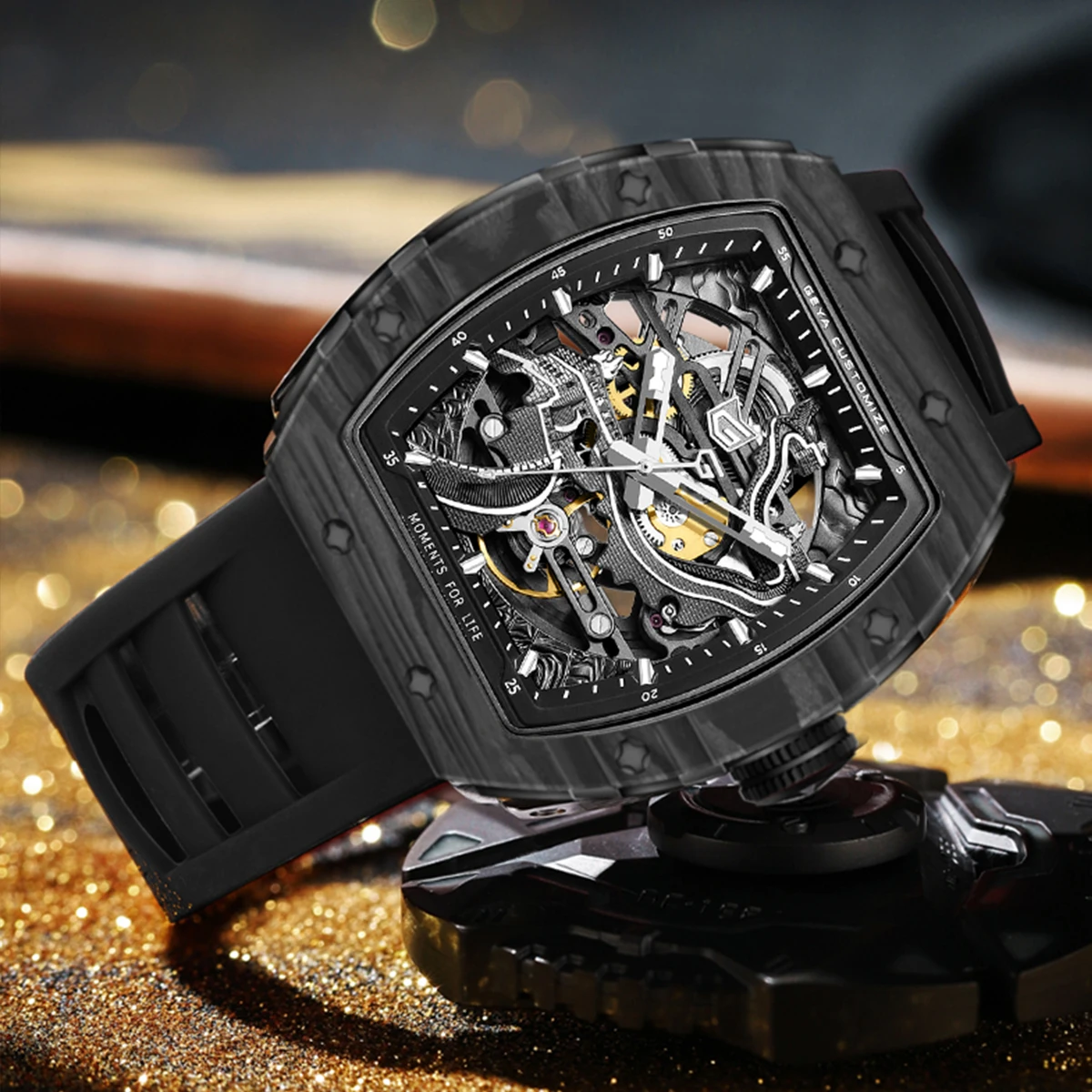 GEYA Automatic Men’s Mechanical Wristwatch, Skeleton Dial with Carbon Fiber Case Luminous Adjustable Silicone Band 78133