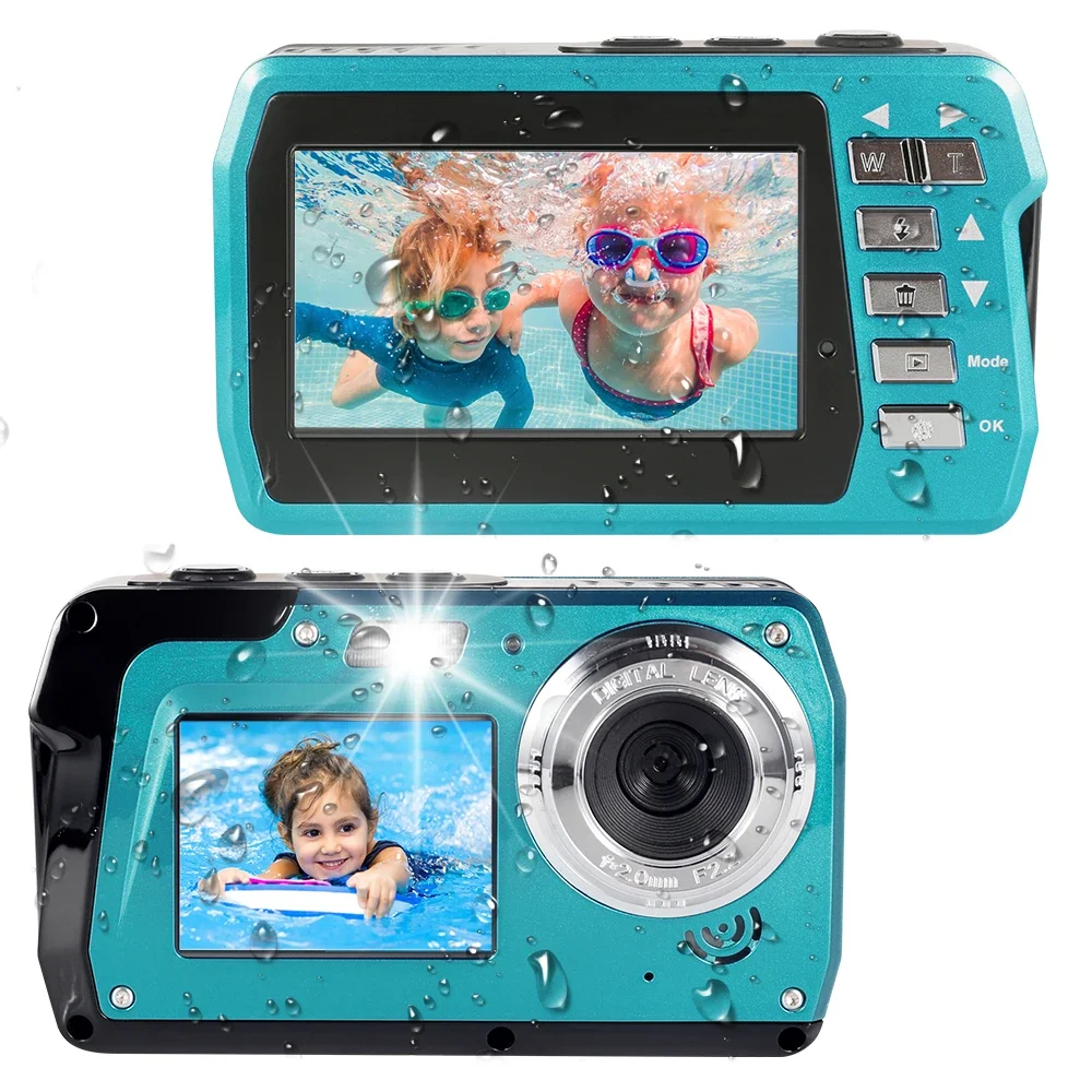 Câmera à prova d'água 56MP Câmeras subaquáticas UHD 4K / 30FPS Gravador de vídeo com telas duplas Câmera digital de natação de 10 pés para mergulho com snorkel