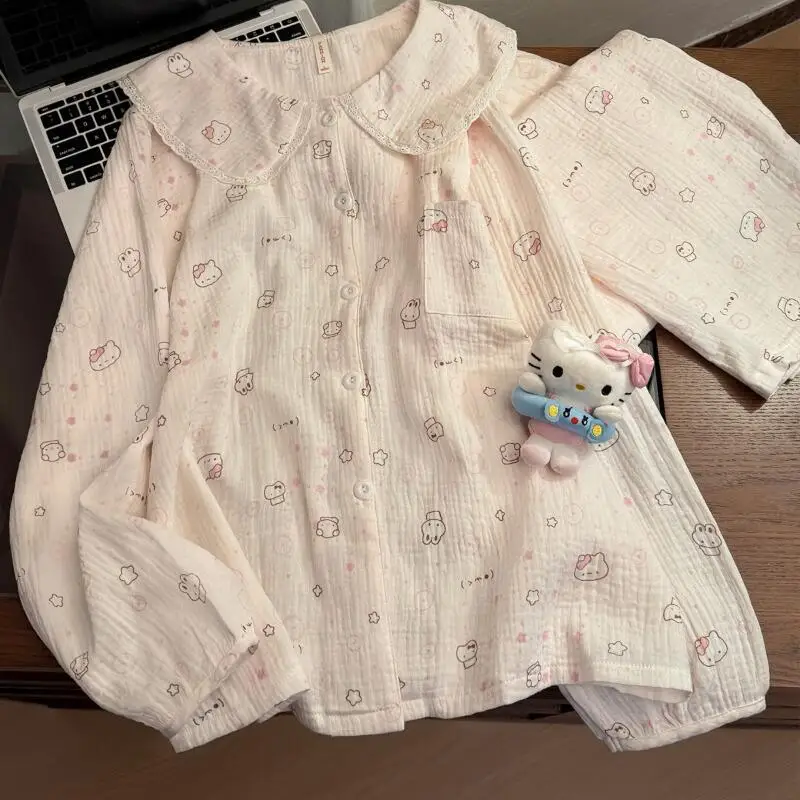 

Girls' Doll Collar Long-Sleeved Trousers Pajama Set Women's Cardigan Home Wear Women's Spring and Autumn New Soft Two-Piece Set