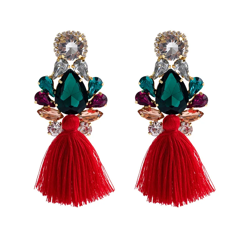 Bohemian Jewelry Accessories Wholesale Long Red Handmade Crystal Rhinestone African Boho Fringe Tassel Earrings for Women