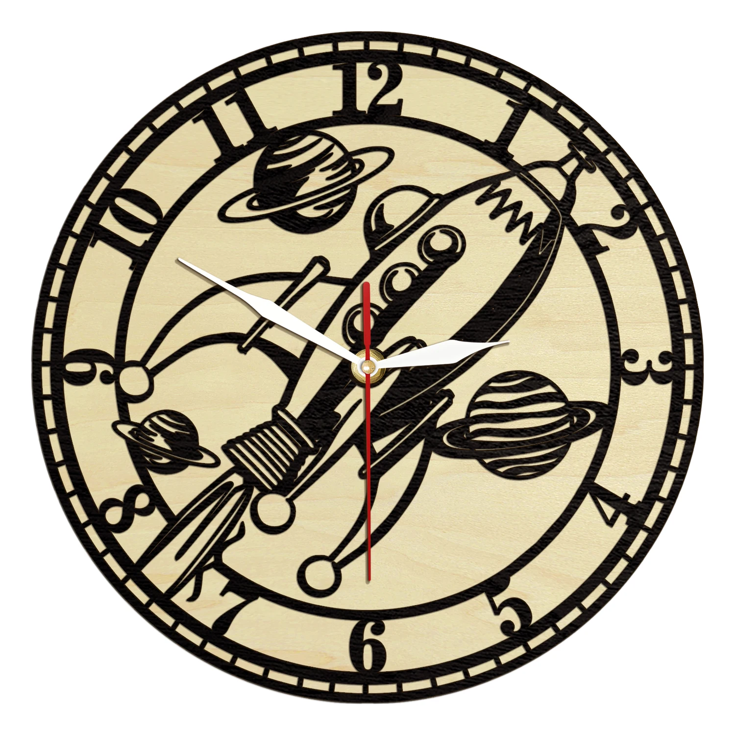 Spaceship Rocket Launching Laser Engrave Wooden Frame Wall Clock For Nursery Kids Room Galaxy Home Decor Living Hinge Wood Clock