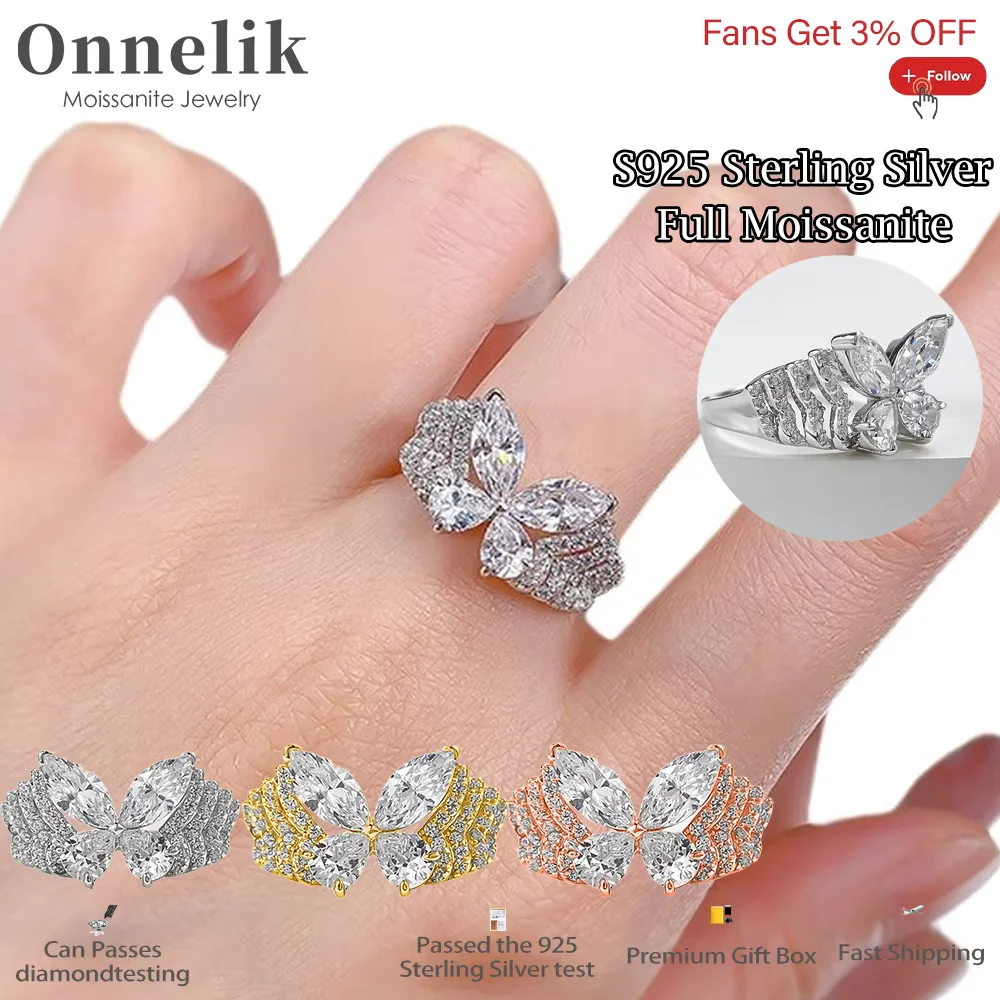 

Onnelik 2Carat D VVS1 Moissanite Butterfly Ring S925 Sterling Silver for Woman Wedding Engagement Party Fine Jewelry Gift