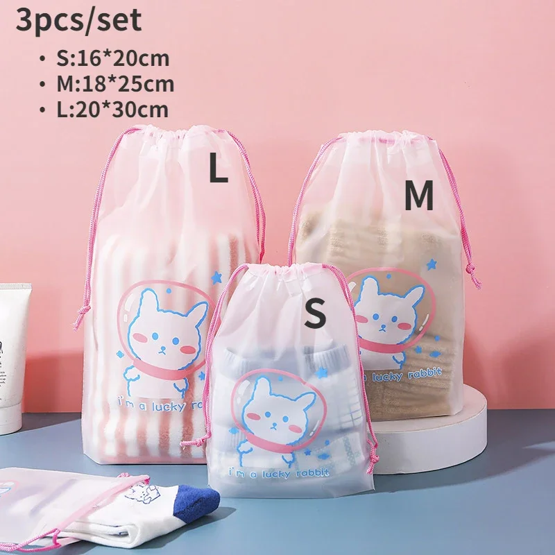 3pcs/set Cute Drawstring Bag Travel Portable Shoes Clothes Underwear Towel Waterproof Storage Bag Skincare Cosmetic Organizer