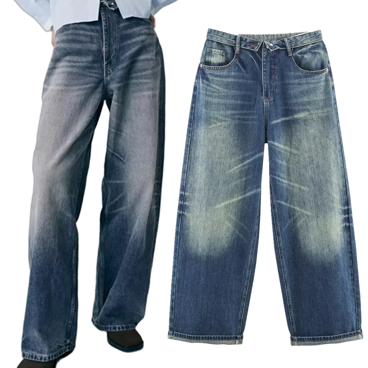 ديف آند دي ملابس امرأة أمي الجينز الحد الأدنى فضفاض الحريم الجينز الرجعية غسلها للطي الخصر الدنيم السراويل النسائية منتصف الخصر الجينز #1