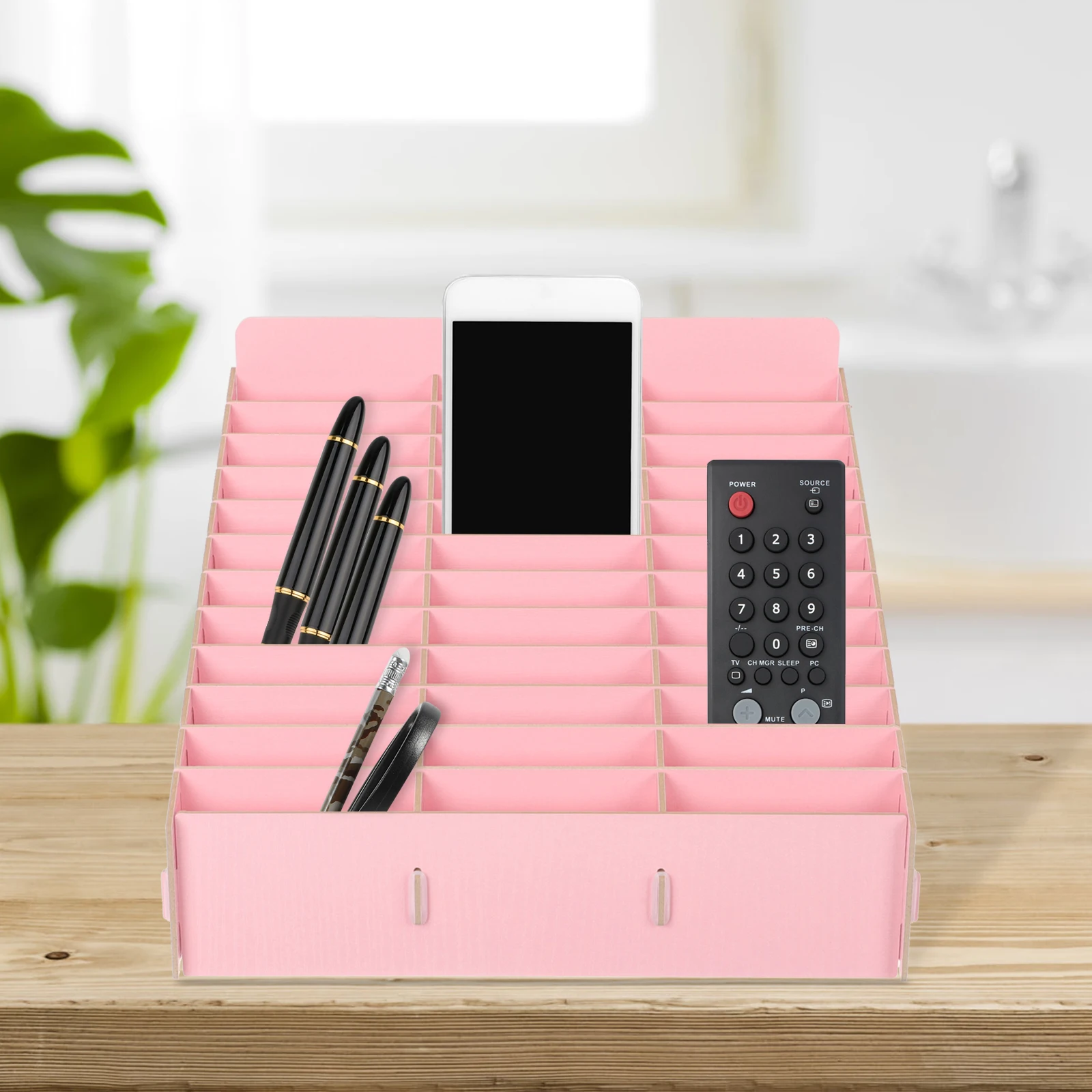 

Desktop Storage Box Wooden Multi-Compartment Holder for Mobile Phone Office Supplies Sundries Vanity Organizer Home Desk