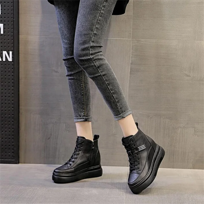 Women 8cm Platform Wedge Sneakers Black Shoes Spring Autumn Genuine Leather Footwear Keep Warm Fashion Sneakers Winter Shoes New