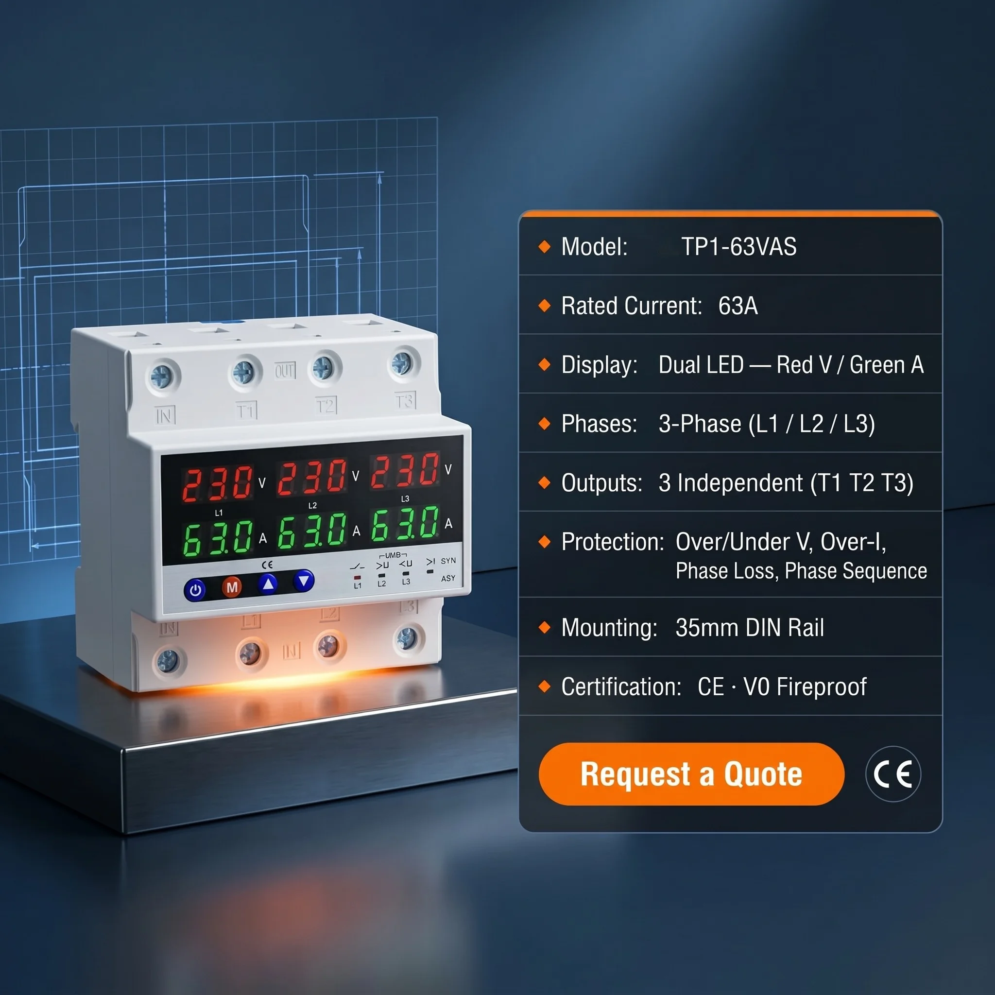 Smart Three Phase AC 63A 50/60Hz Power Protector Digital Display Real-Time Monitoring Adjustable Protector PC CE Certified